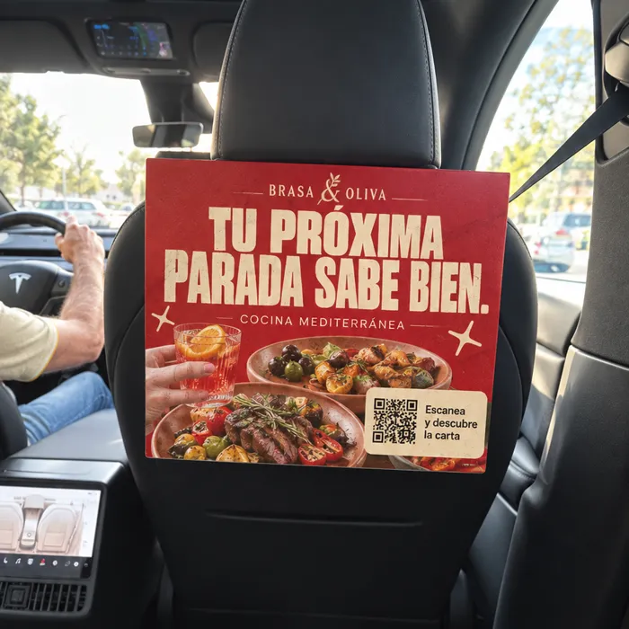 Cartel de un restaurante con código QR en el reposacabezas de un coche de la flota
