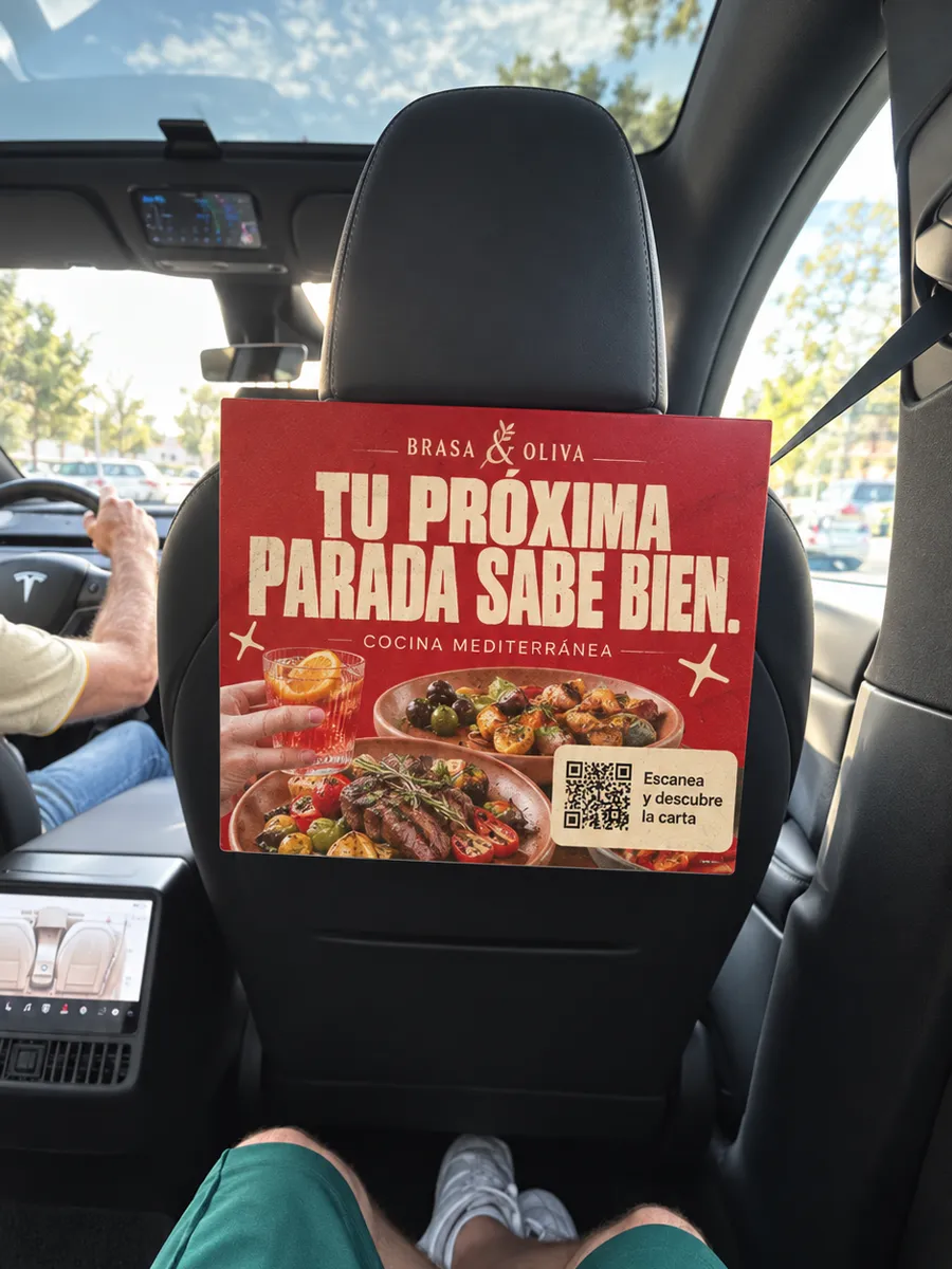 Cartel de un restaurante en el reposacabezas