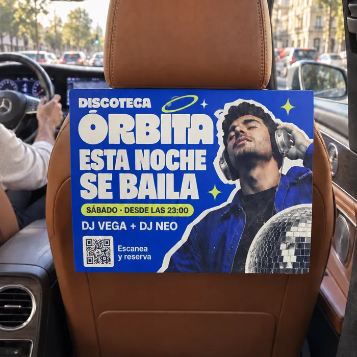 Cartel de una discoteca en el reposacabezas de un coche de la flota