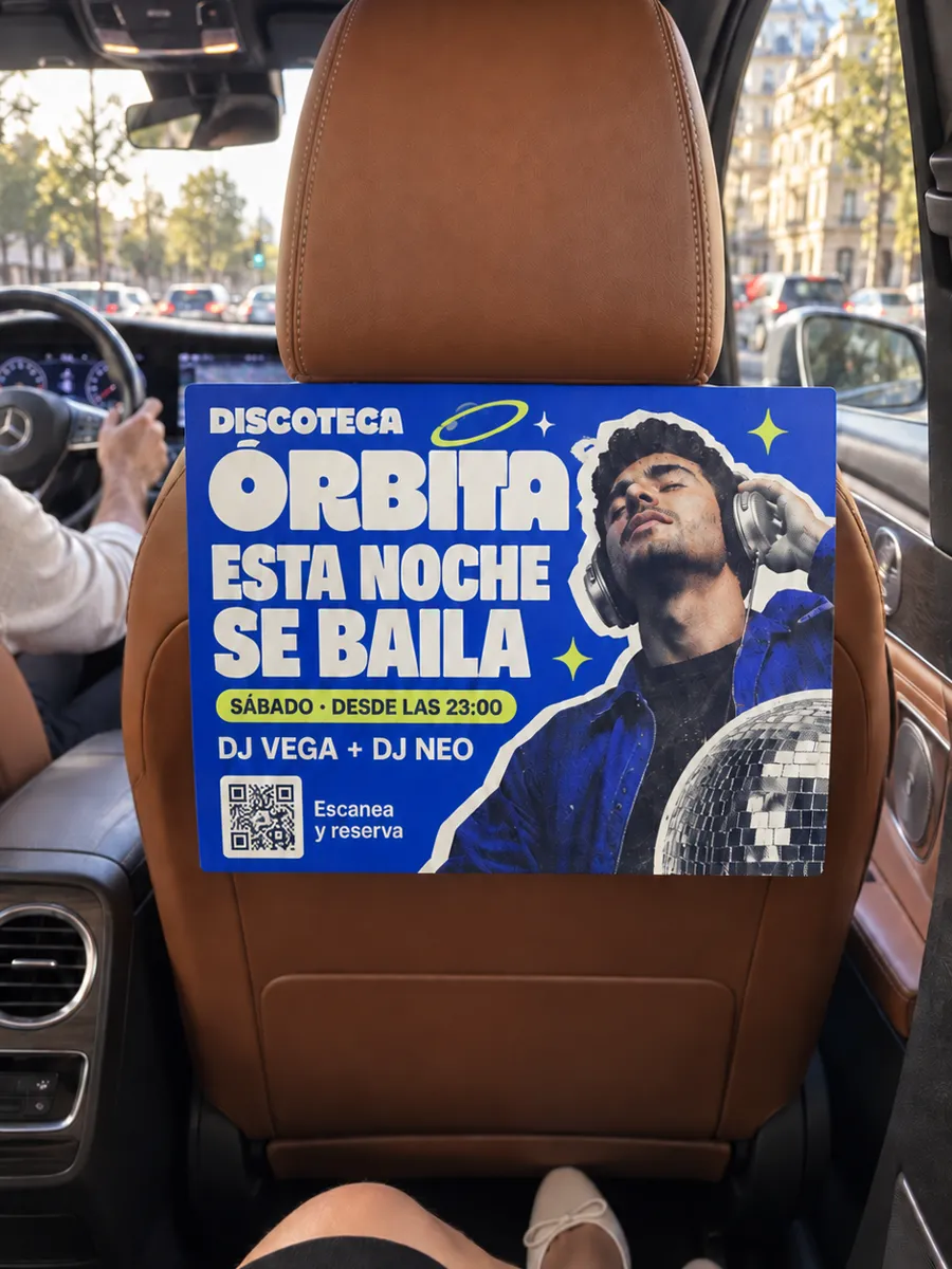 Cartel de una discoteca en el reposacabezas