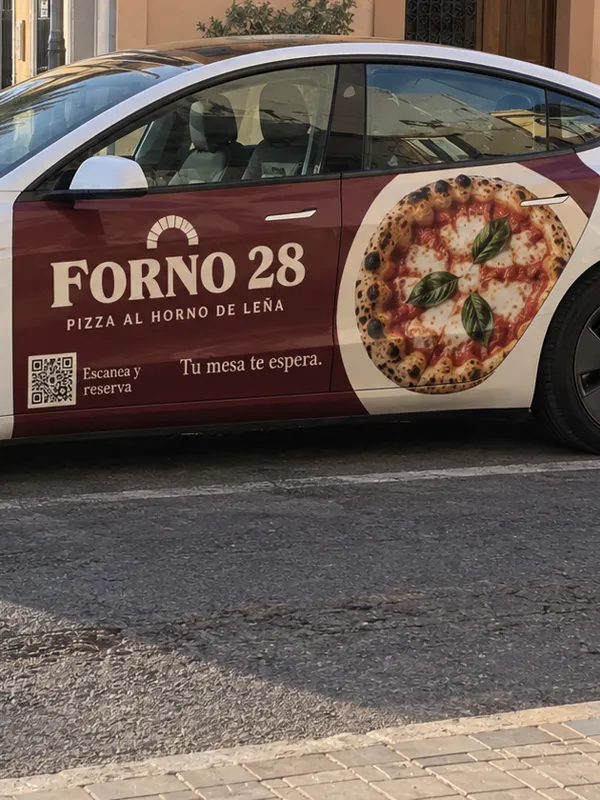 Vinilo de una pizzería en las puertas de un coche de la flota